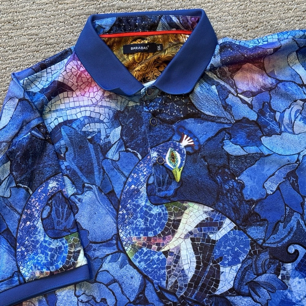 Barabas Mens Multicolor Mosaic Peacock Short Sleeve Polo Shirt Size 5XL